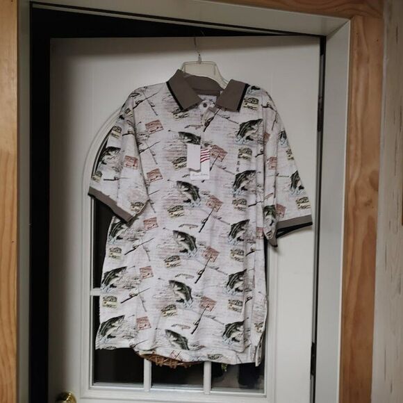 New American Summer White Multi-Color Fish Polo Size Men's XL - Picture 1 of 2